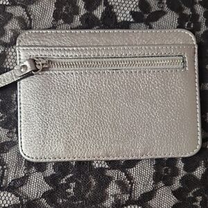 Metallic Silver Leather Card Wallet with Zip Pocket
